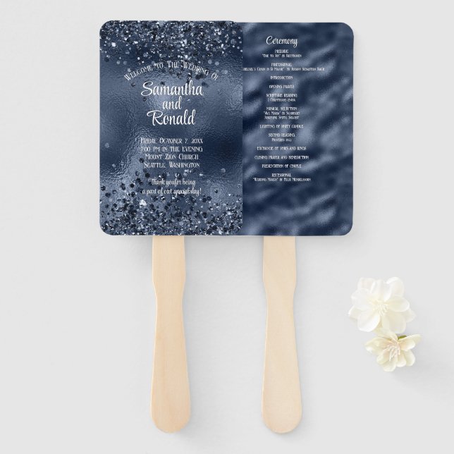 Leque Programa Elegante Dark Blue Glitter & Foil Weding (Frente e Verso)