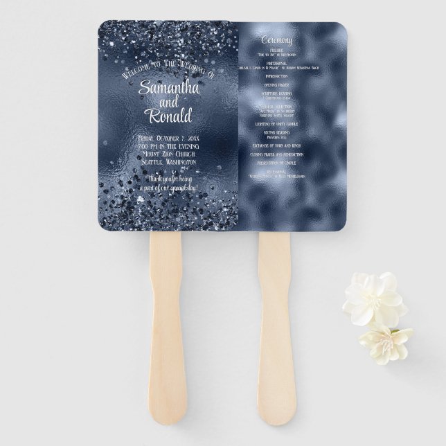 Leque Programa Elegante Dark Blue Glitter & Foil Weding (Frente e Verso)