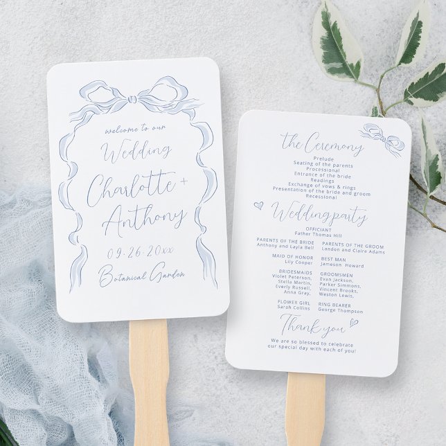 Leque Programa Elegante de Casamento de Arcos Azuis e Du (Elegant Dusty Blue Hand Drawn Bow Wedding Program Hand Fan)