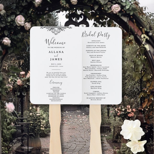 Leque Programa Elegante de Casamento de Monograma Branco (Criador carregado)
