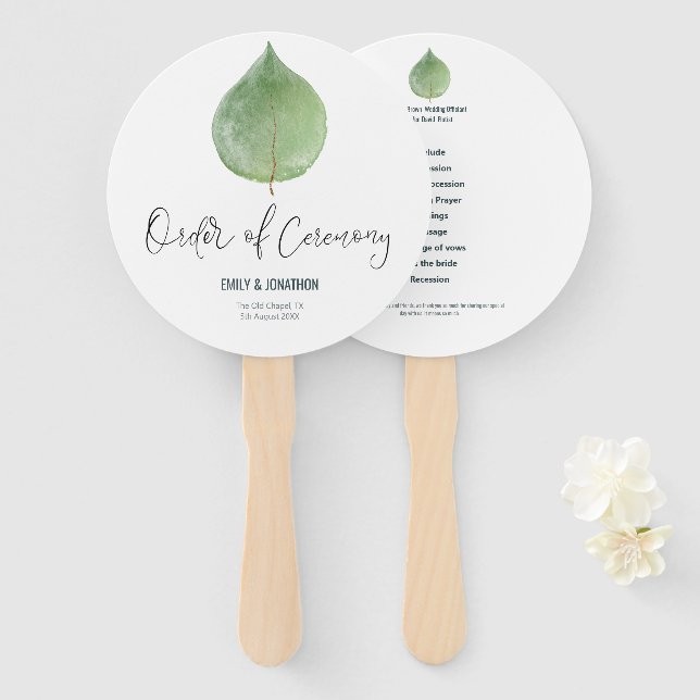 Leque Programa Elegante de Casamento Eucalyptus Leaf Ver (Frente e Verso)