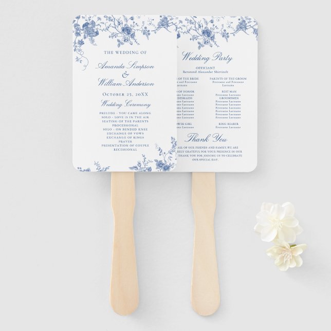 Leque Programa Elegante de Casamento Floral Azul Vitoria (Frente e Verso)