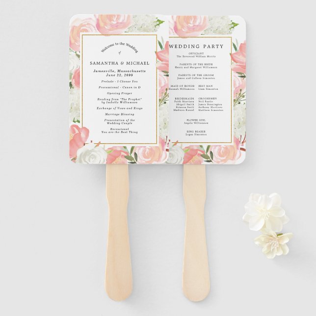Leque Programa Elegante de Casamento Floral Branco Rosa (Frente e Verso)