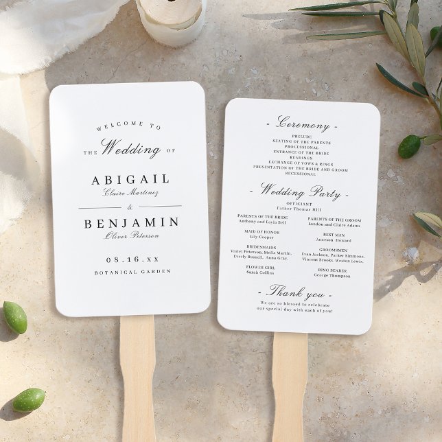 Leque Programa Elegante de casamento minimalista a preto (Elegant black and white minimalist wedding program hand fan)