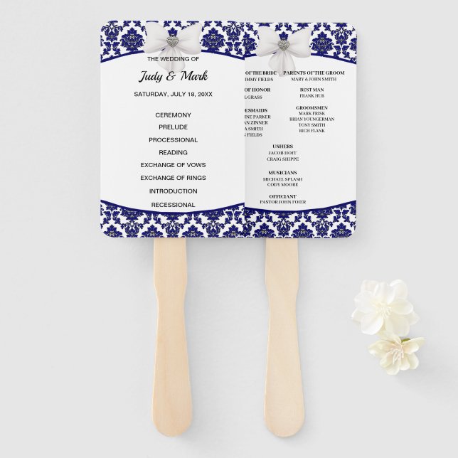 Leque Programa Elegante de Casamento tema damasco Azul d (Frente e Verso)