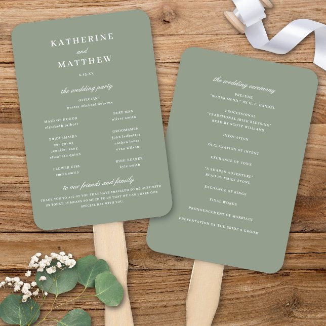 Leque Programa Elegante de Cerimônia de Casamento Verde  (Elegant Chic Sage Green Wedding Ceremony Program Hand Fan)