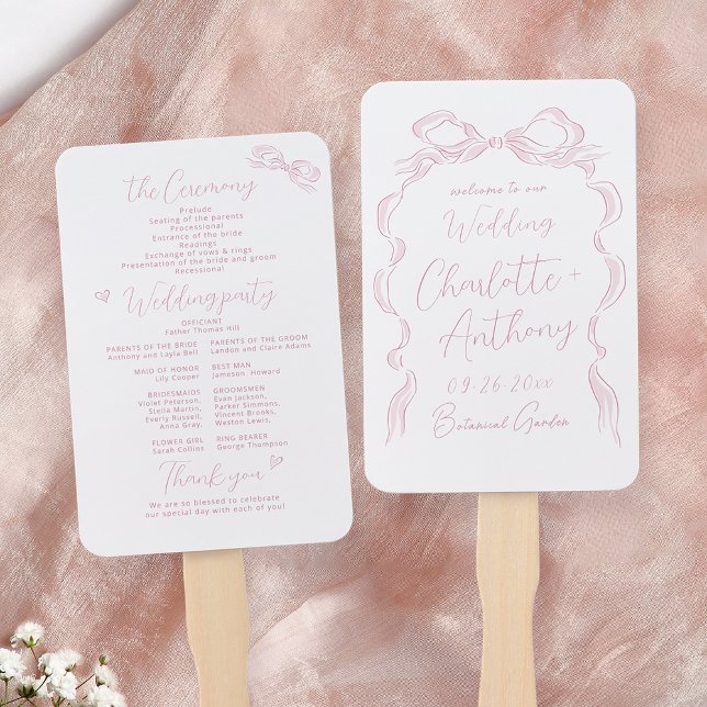 Leque Programa Elegante Pastel Pink de Casamento de Arco (Elegant Pastel Pink Hand Drawn Bow Wedding Program Hand Fan)