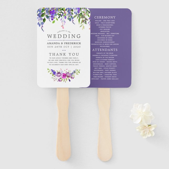 Leque Programa Floral de Casamento em Aquarela Ultra Vio (Frente e Verso)