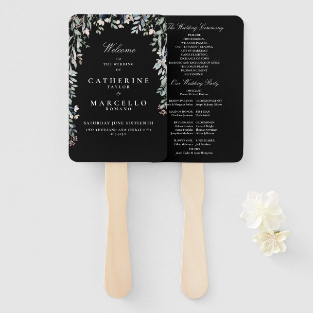 Leque Programa Floral de Casamento Negro e Branco (Frente e Verso)