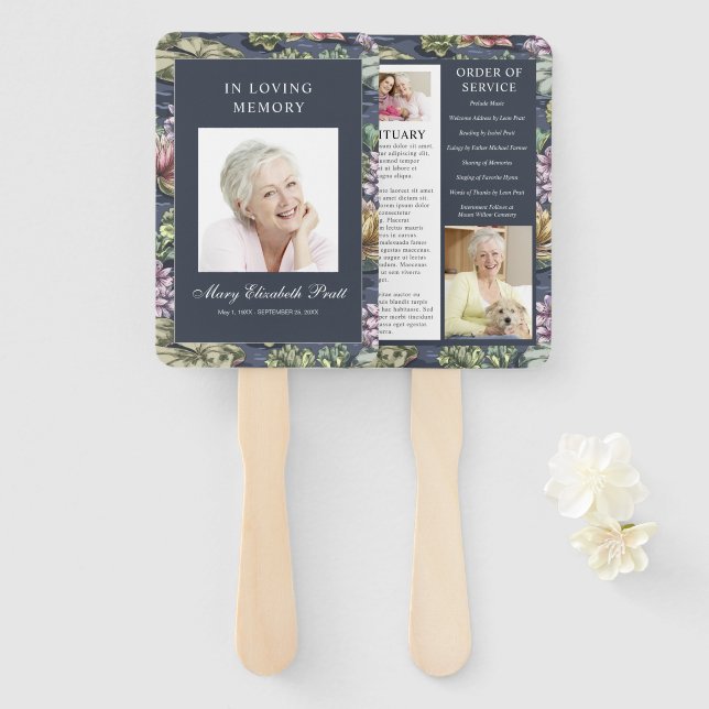 Leque Programa Fúnebre Floral Azul Escuro Elegante com 3 (Frente e Verso)