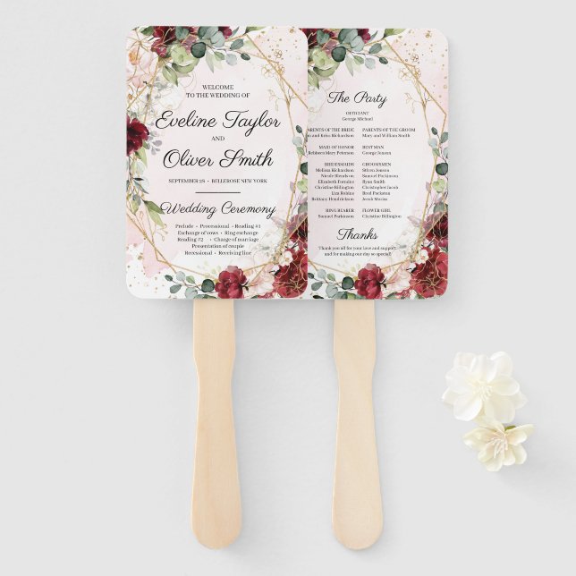 Leque Programa geométrico de ouro floral Blush burgundy (Frente e Verso)