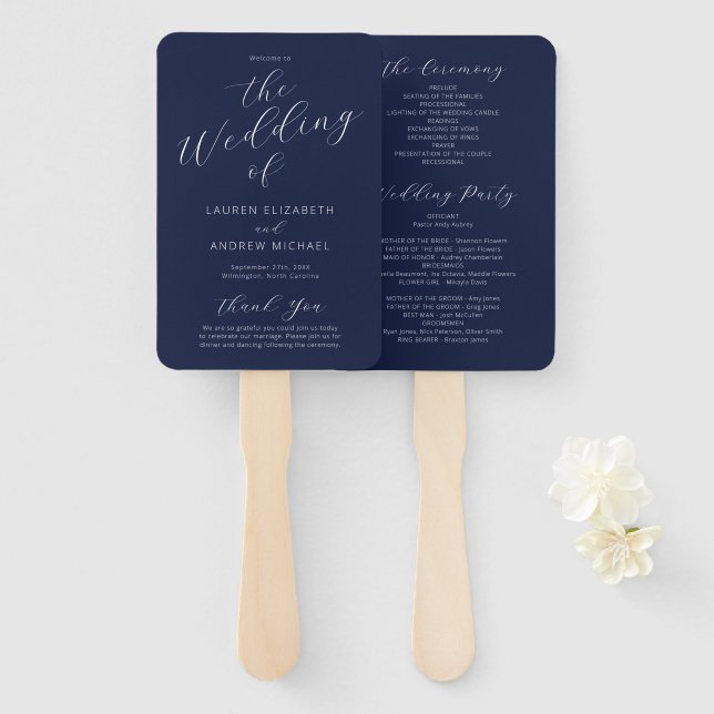 Leque Programa marinho Azul de Casamento da Caligrafia M (Frente e Verso)