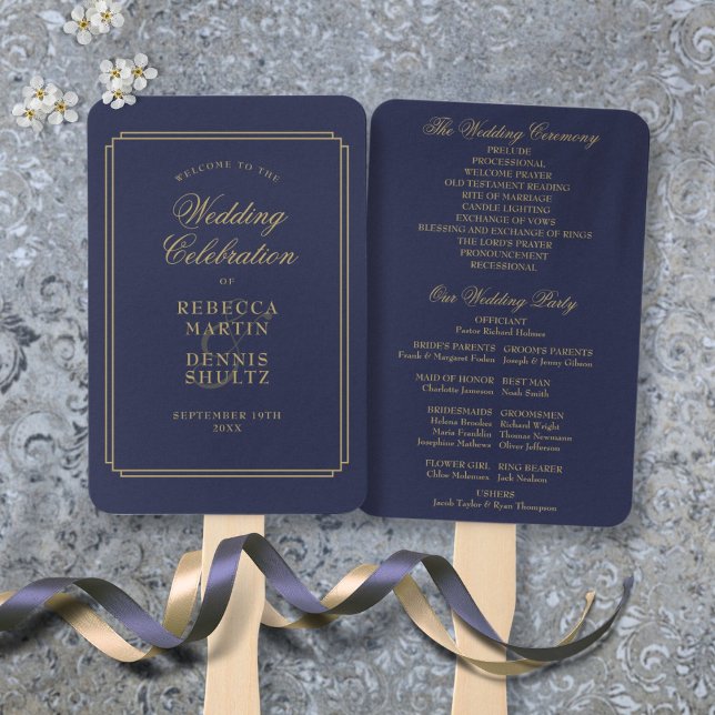 Leque Programa marinho Azul E Dourado De Casamento De Ar (Navy Blue And Gold Chic Art Deco Wedding Program Hand Fan)