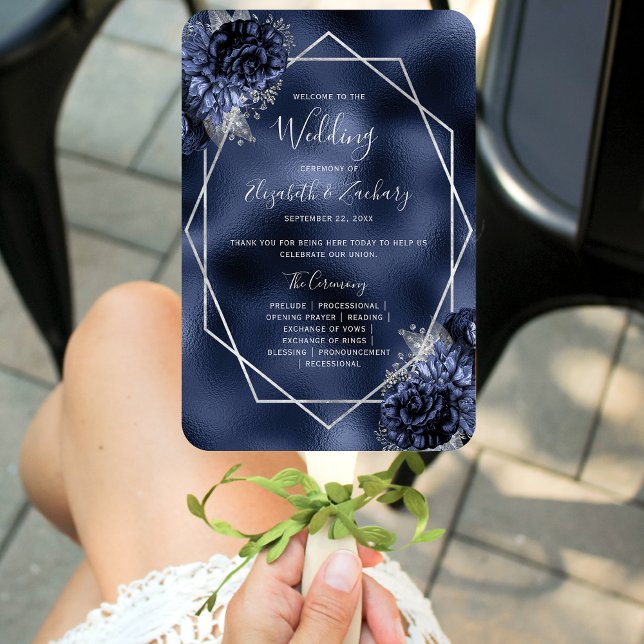 Leque Programa marinho Azul Floral Silver Foil Casamento (Criador carregado)