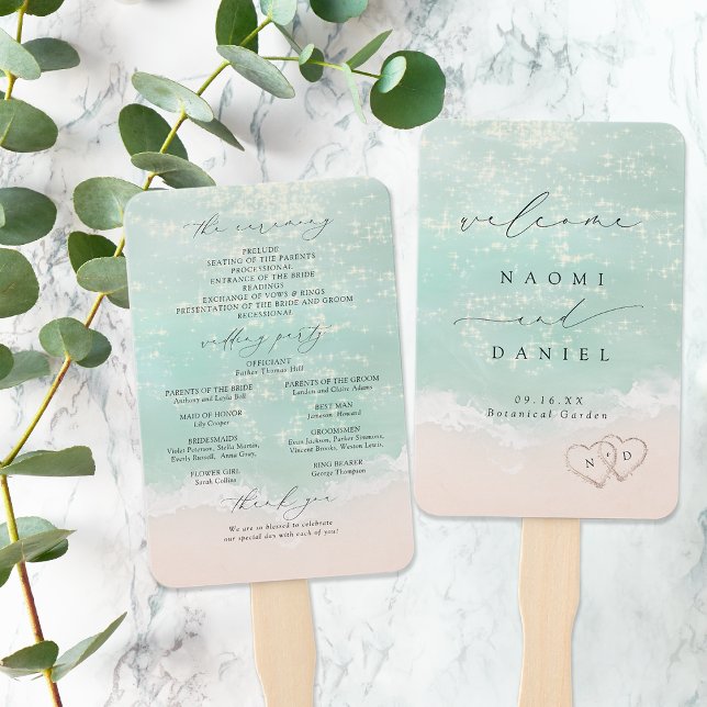 Leque Programa Modern Script Sand Hearts Beach Wedding (Modern Script Sand Hearts Beach Wedding Program Hand Fan)