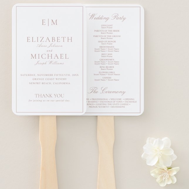 Leque Programa Moderno de Casamento de Rosa Dusty Monogr (Wedding Program Hand Fan)