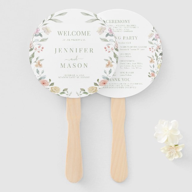 Leque Programa Pastel Wild Flower Wreath Wedding (Frente e Verso)