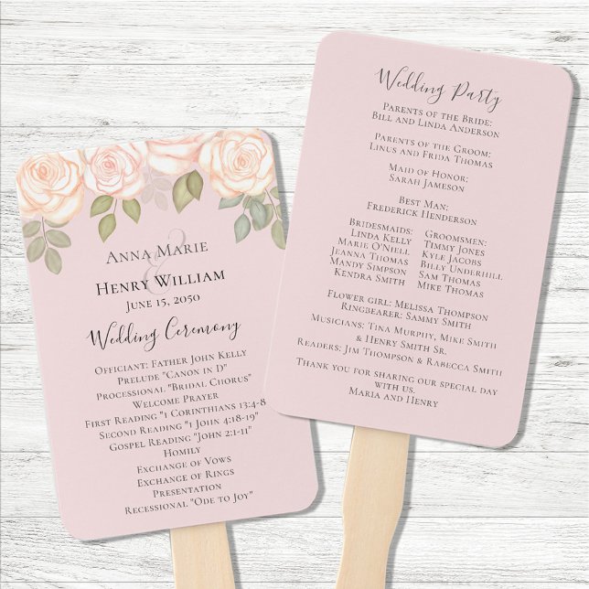 Leque Programa Personalizado de Casamento Floral Cor-de- (Blush pink floral wedding ceremony program.)