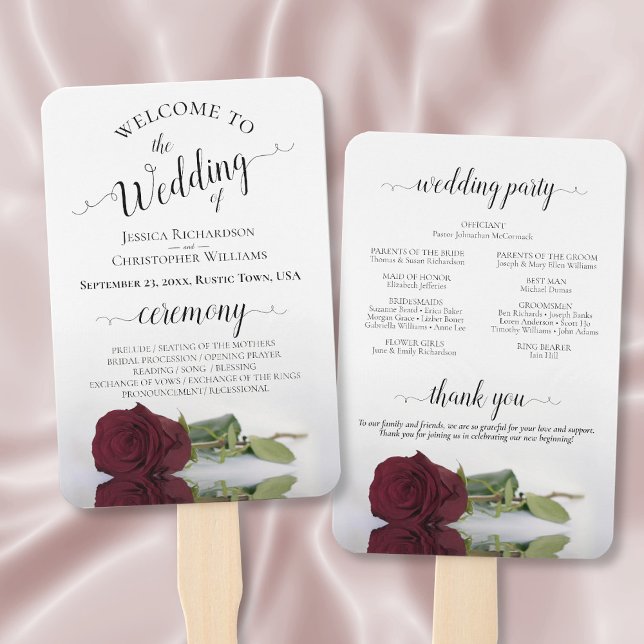 Leque Programa Romântico de Casamento Elegante Rosa da B (Front/Back)