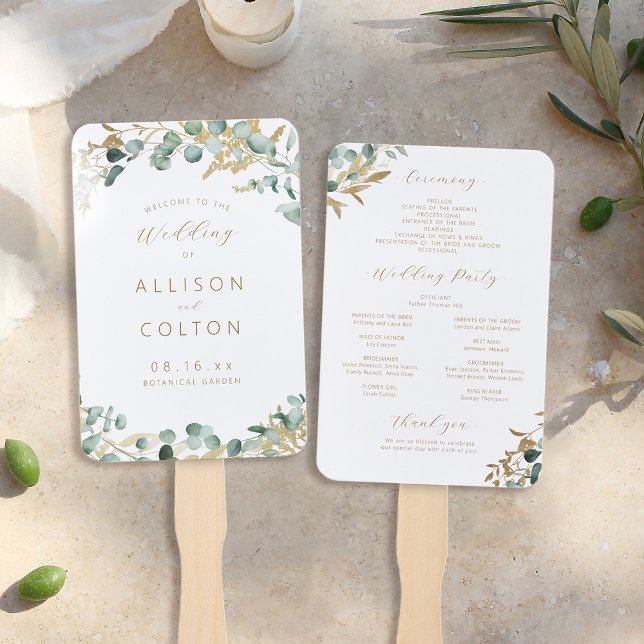 Leque Programa russo de casamento de eucalipto verde-boh (Rustic eucalyptus greenery boho wedding program hand fan)