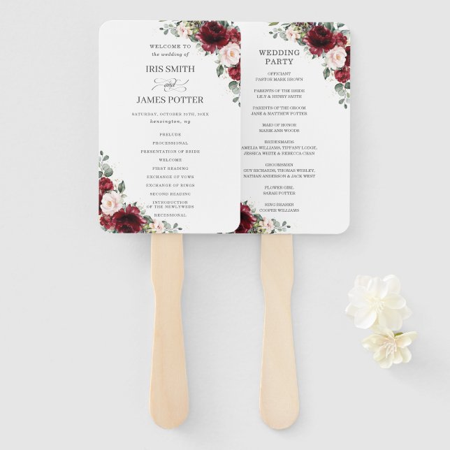 Leque Programa Rustic Burgundy Blush Floral Casamento (Frente e Verso)