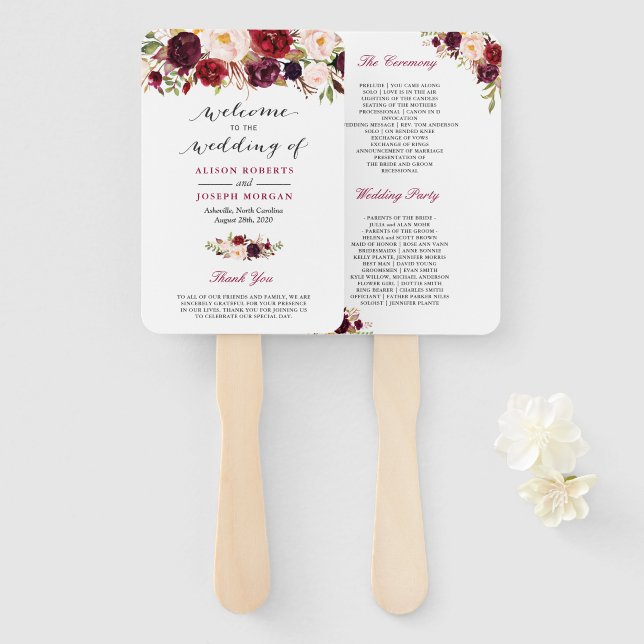 Leque Programa Rustic Burgundy Red Floral Classic Weding (Frente e Verso)