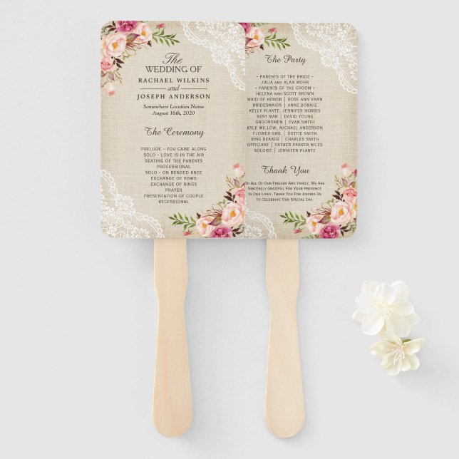 Leque Programa Rustic Country Floral Lace Burlap (Frente e Verso)