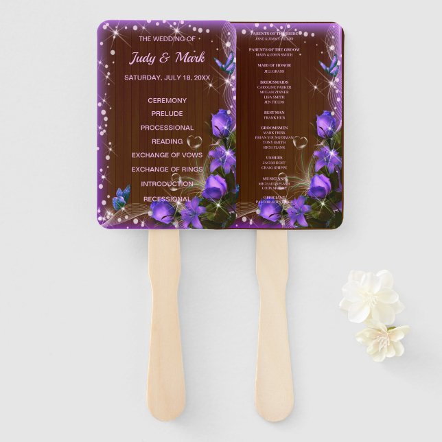 Leque Programa Rustic Dark Wood Purple Floral Weding Pro (Frente e Verso)