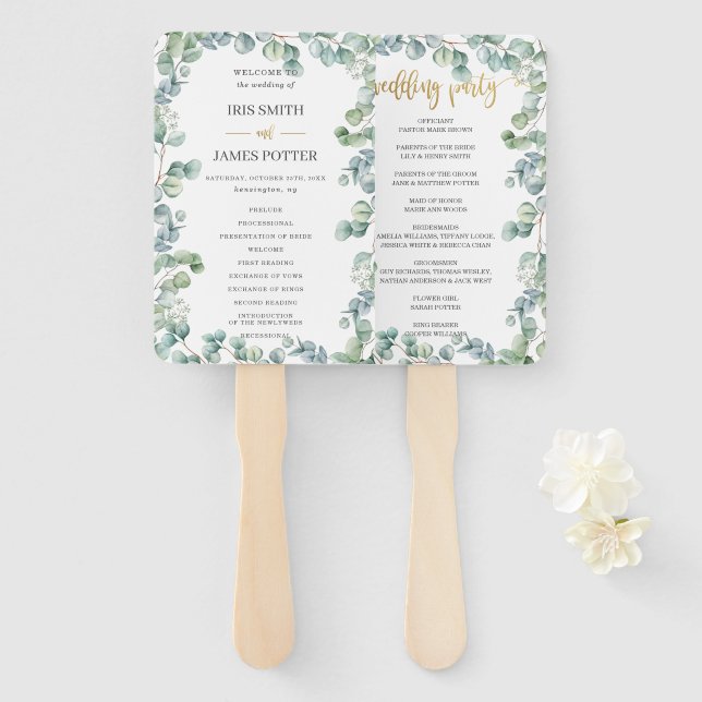 Leque Programa Rustic Eucalyptus Greenery Weding Program (Frente e Verso)