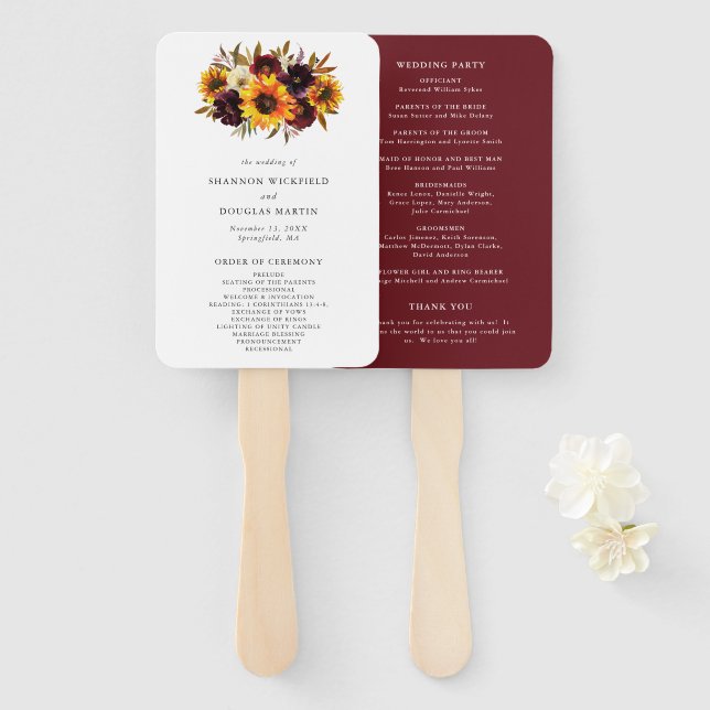 Leque Programa Rustic Fall Rosas Sunflower Wedée (Frente e Verso)