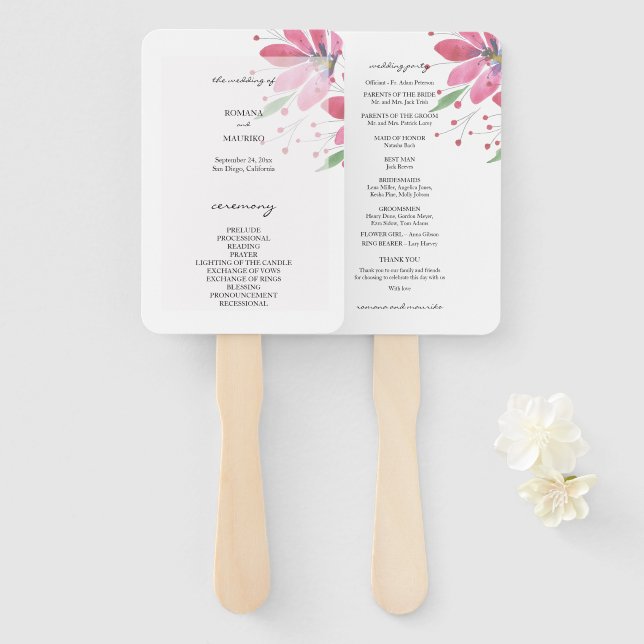 Leque Programa Rustic Lotus Watercolor pintado à mão (Frente e Verso)