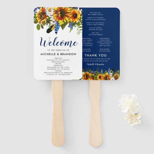 Leque Programa Rustic Marinho Sunflower Boho Weding (Frente e Verso)