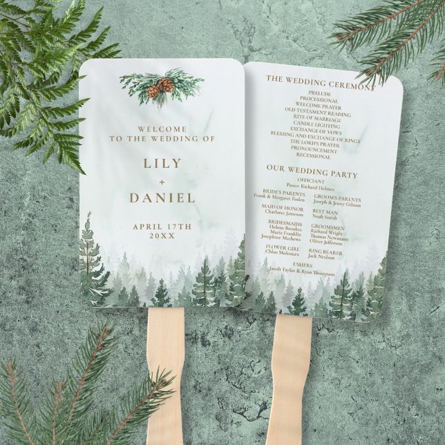 Leque Programa Rustic Watercolor Pine Forest Weding Prog (Rustic Watercolor Pine Forest Wedding Program Hand Fan)