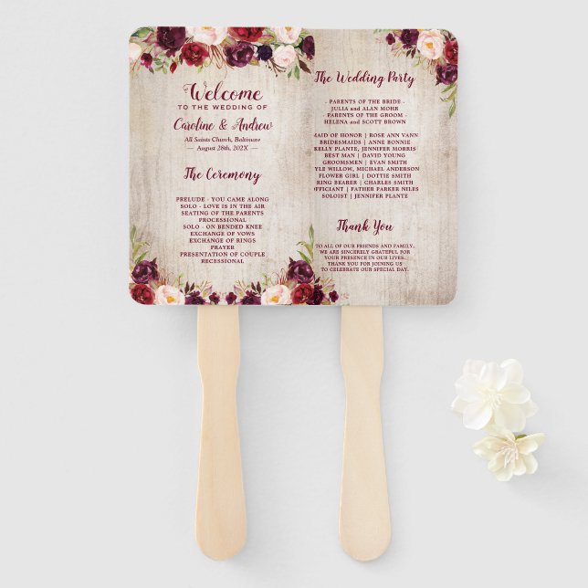 Leque Programa Rustic Wood Burgundy Red Floral Casamento (Frente e Verso)