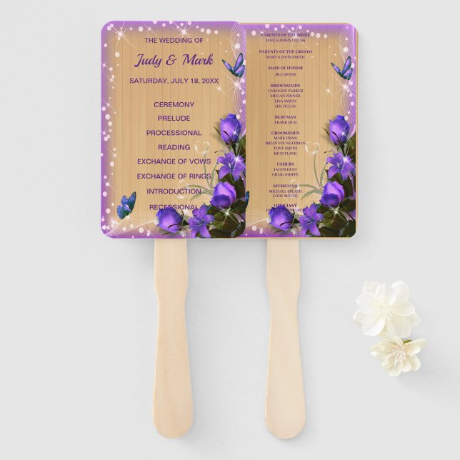 Leque Programa Rustic Wood Purple Floral Weding Program (Frente e Verso)