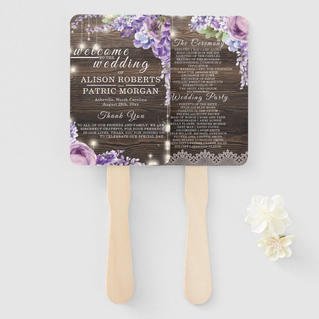 Leque Programa Rustic wood Wedding Lace Lavanda Wedding (Frente e Verso)