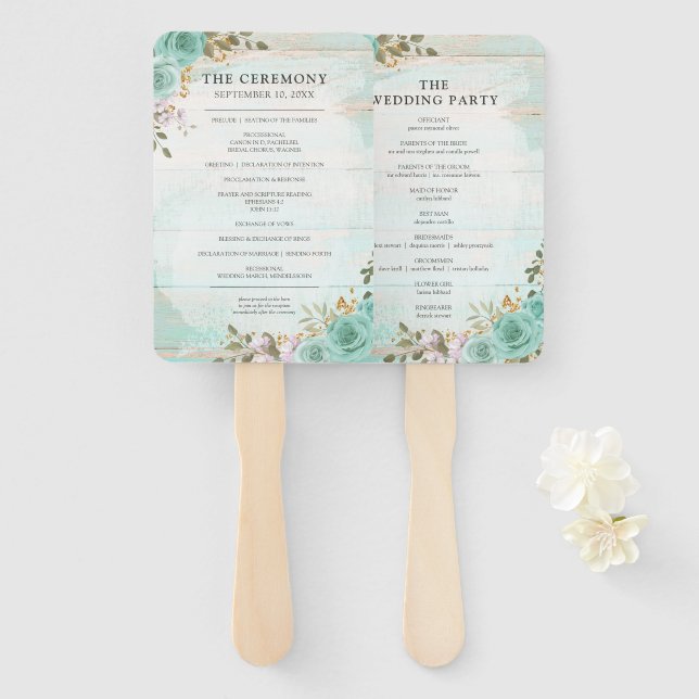 Leque Programa Rustic Wood Weding & Party List Fand Fan (Frente e Verso)