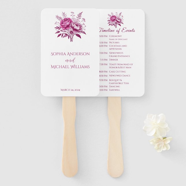 Leque Programa Watercolor Magenta Peony-Casamento (Frente e Verso)