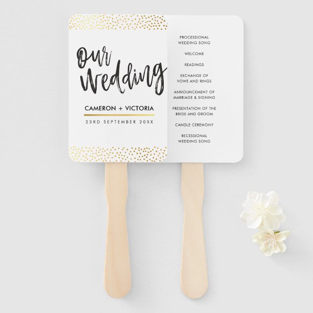 Leque PROGRAMA WEDDING FAN na moda cic gold confetti (Frente e Verso)
