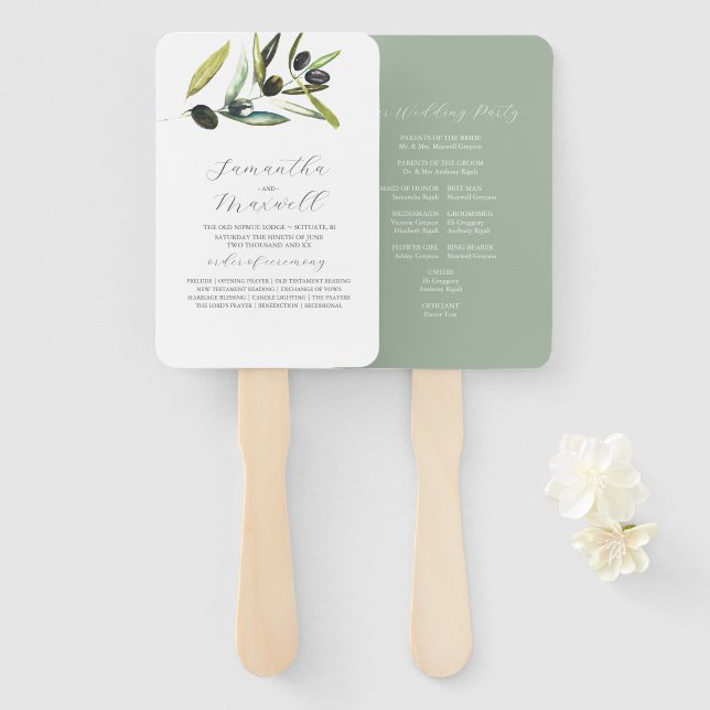 Leque Programas de Casamento Aquarela com Oliveira e Fol (Frente e Verso)