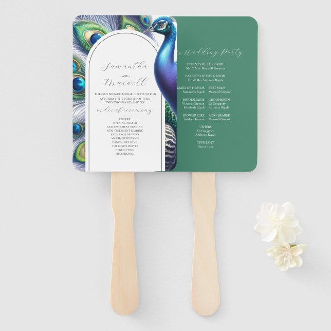 Leque Programas de Casamento com Aquarela Pavão (Frente e Verso)