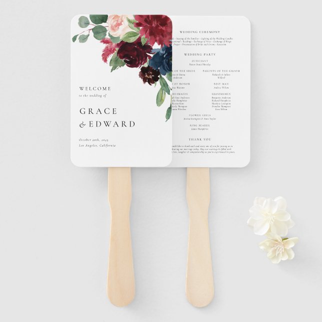 Leque Programas de Casamento com Flores Burgundy e Azul  (Frente e Verso)