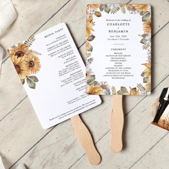Leque Programas de Casamento com Girassóis Rústicos (Rustic Sunflower Wedding Programs Hand Fan by Painted Paperie
)