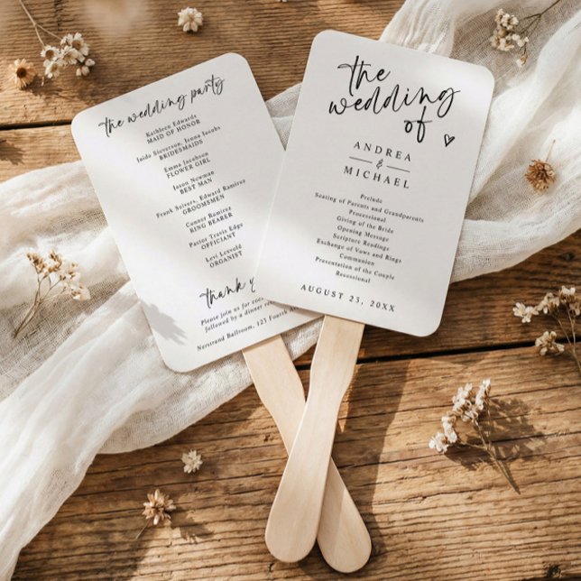 Leque Programas de Casamento em Preto e Branco com Calig (Modern black and white wedding program fan with “the wedding of” in handwritten script)