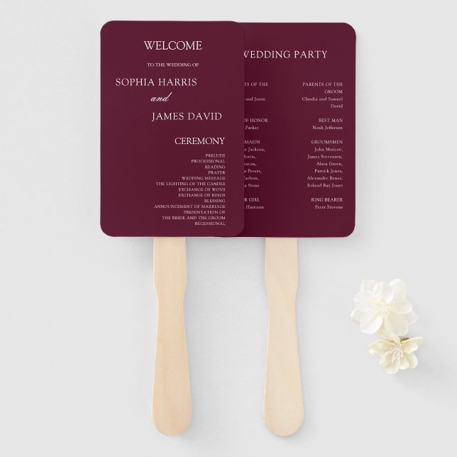 Leque Programas de Casamento Minimalista Elegante Burgun (Frente e Verso)
