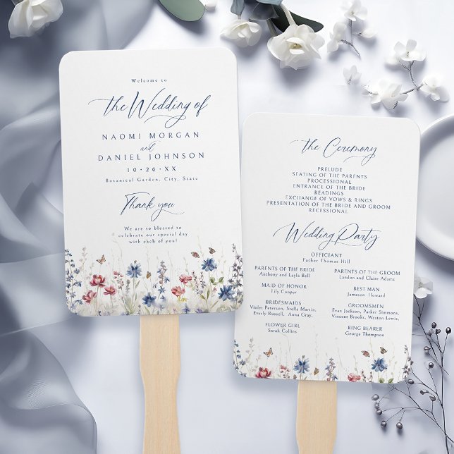 Leque Programas de Casamento Rústico Flor de Campo Azul  (Navy Blue Wildflower Rustic Wedding Programs Hand Fan)