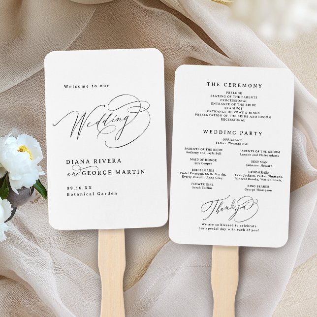 Leque Programas de Casamento Simples Roteiro Elegante Re (Elegant Swirl Script Simple Wedding Programs Hand Fan)