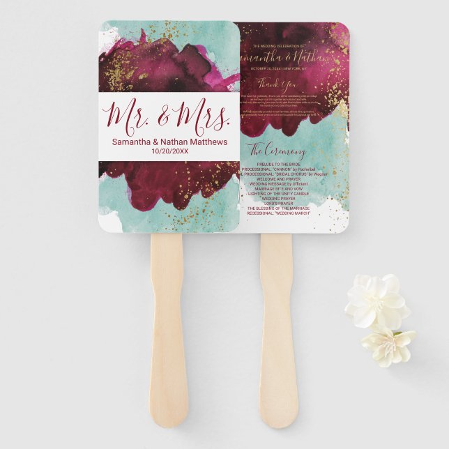 Leque Programas Dourados De Casamento De  Cores De Água  (Frente e Verso)