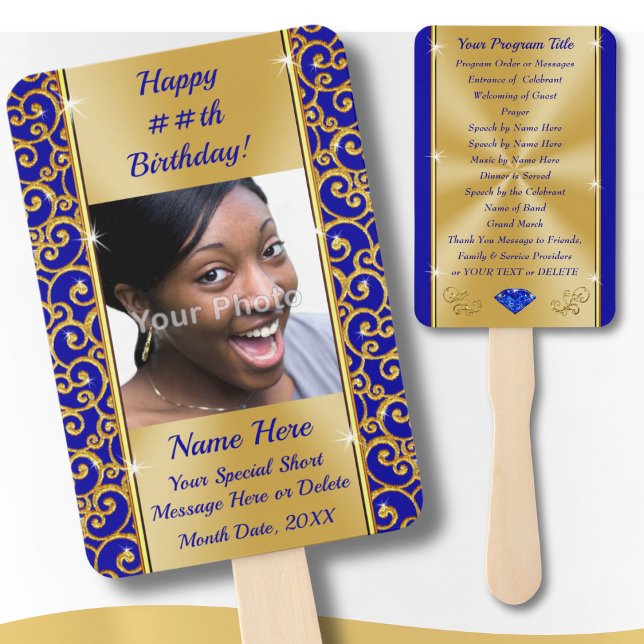 Leque Programas Personalizados de Festa de Aniversário p (Personalized, Birthday Party Programs for Adults. Royal blue and gold, birthday party hand fans. )