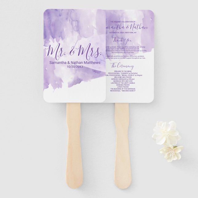Leque Programas Violet Purple Watercolor Splash Wedding (Frente e Verso)